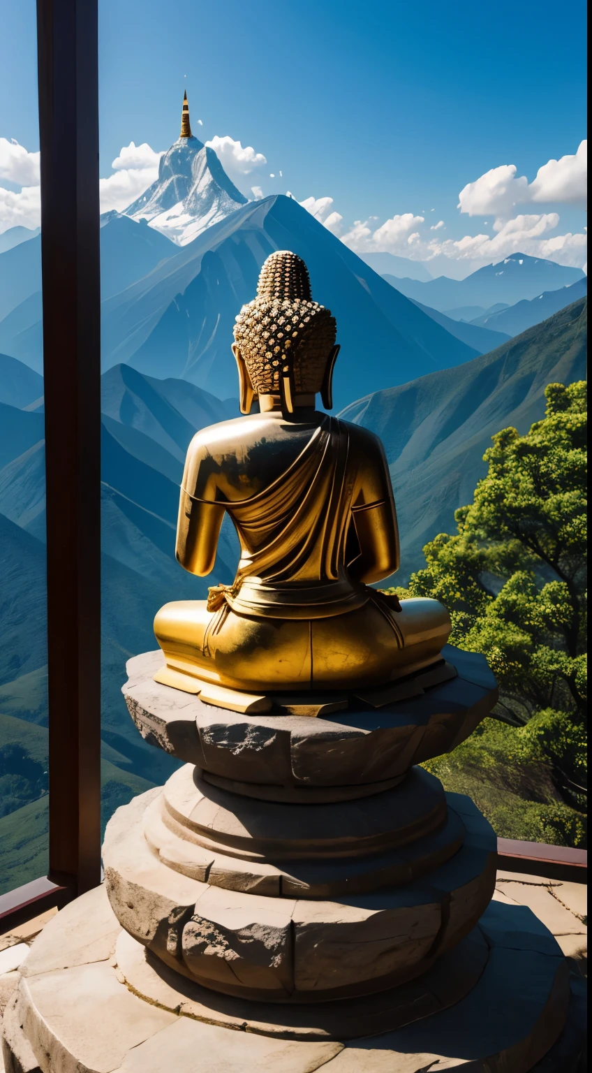 Magnificent peaks, Ancient temple, quiet atmosphere, sacred buddha statue, Devout admirers,