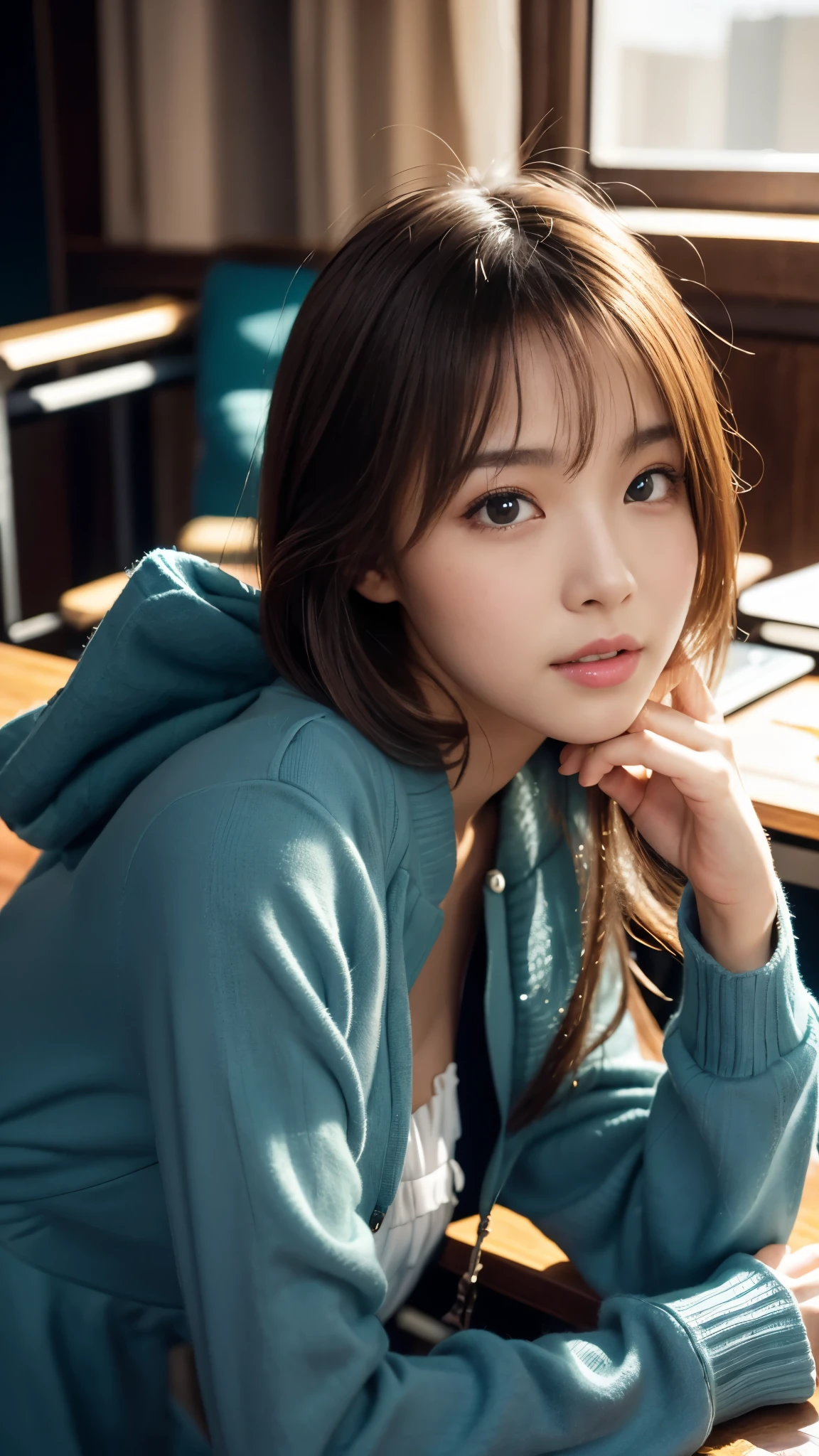 (A very cute 20 year old young woman from Japan), ((delicate hair between brown and blonde)), ((messy side wave short hair)),medium bust size、small breasts、 (((Clean hands))),(curly hair),(((very kind smile))), (((she wears black lace panties))),(((Wearing a super short light blue knit dress))),(((I'm wearing a light blue knit dress。))) ((top quality, 16K, table top: 1.3)), light shines on your face, highly detailed face, highly detailed lips, fine eyes, city street,angle from below:1.5,Holding nothing in the hands、