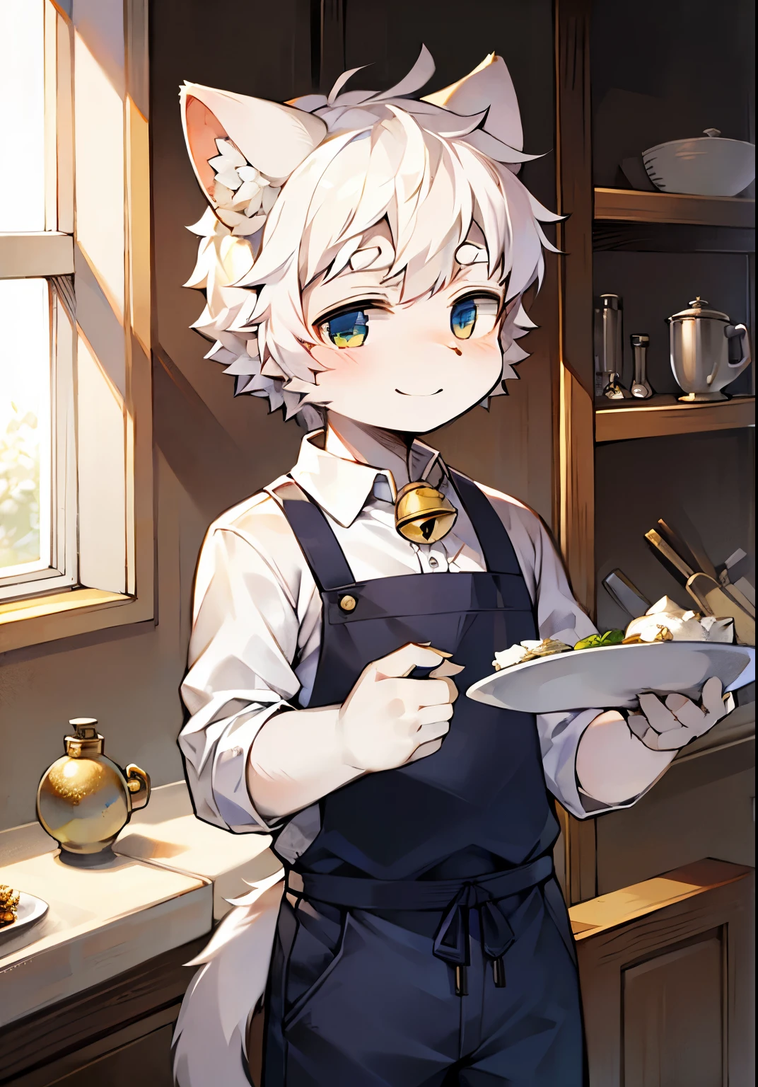 kitchen，short hair，white hair，ahog，Bell，pocketwatch，child，hairy，cat ears，Smile，No spots，White fur everywhere，White fur everywhere，cat ears，Cat type，hairy大尾巴，masterpiece，high quality portraits，doll，Chef boy，wind，white pants，White coat，Blue apron，super cute face