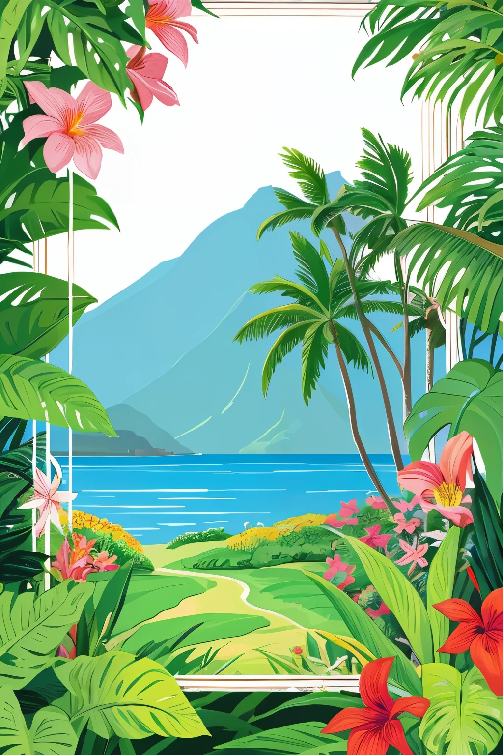 Hawaiian landscape, illustration, with many tropical flowers as a frame, outline only 