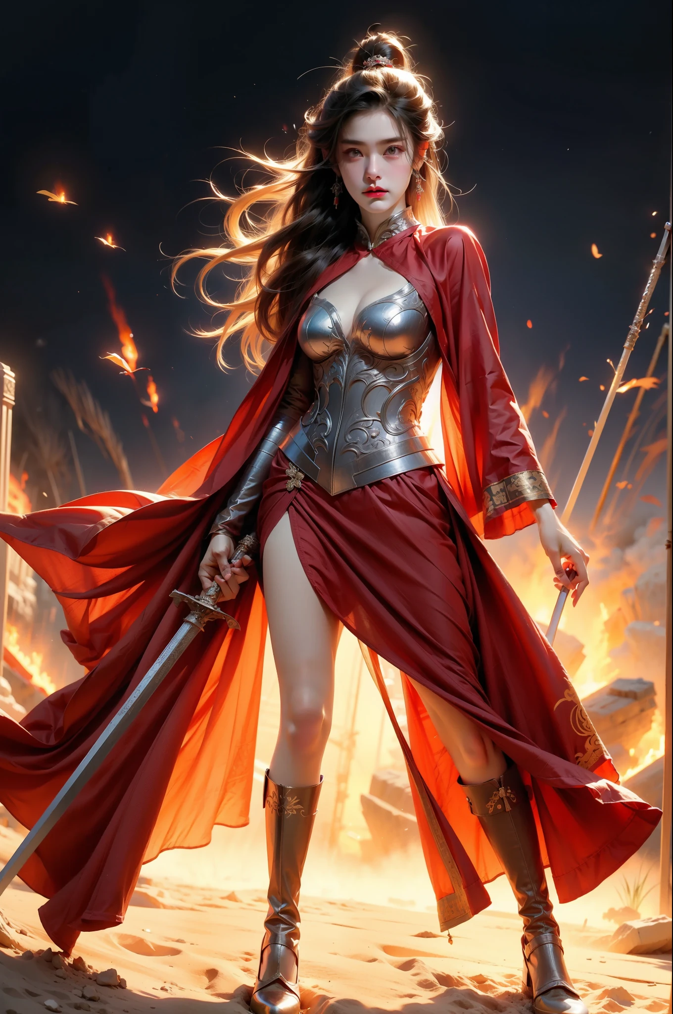 Chinese style, ancient battlefield, an ancient Chinese female general, holding a sword in her hand, grim expression, full body, amazing facial features, red robe, armor, boots, yellow sand in the sky, fleeing crowd, firelight, game model, stunning lighting, C4D, OC rendering, cinematic edge light, delicate light, masterpiece, super detailed, epic composition, super HD, high quality, highest quality, 32k