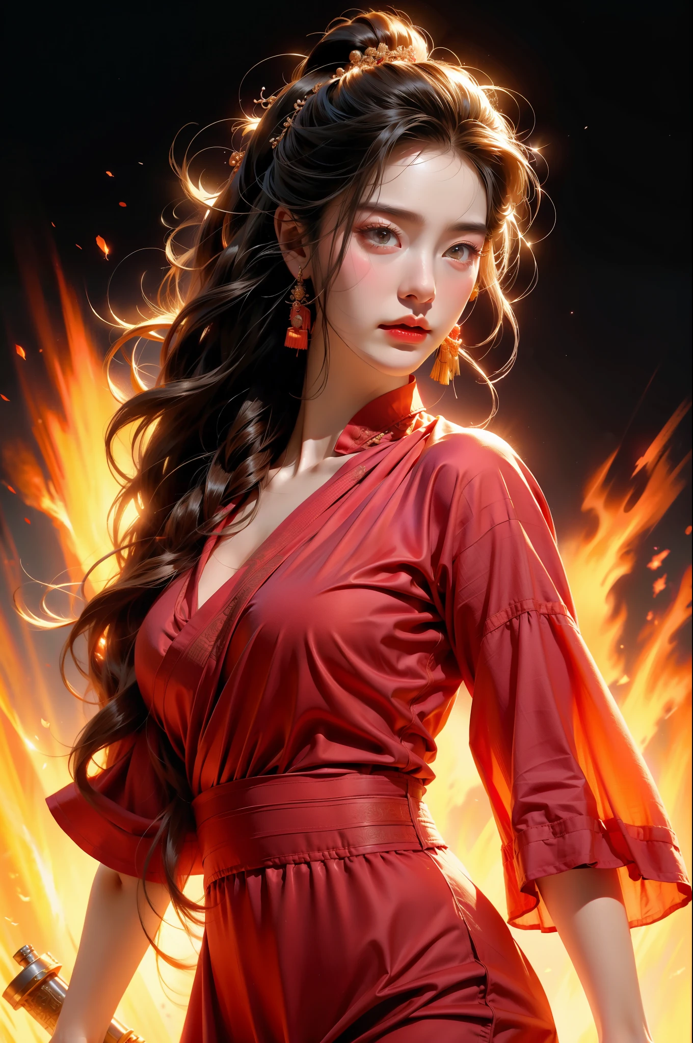 realistic, photorealistic, real photo, ethereal young cat-girl with long flowing hair, stunning beauty, a magical ancient place, surrounded by glowing red energy. Her delicate body is surrounded by smoke, capturing the emotional moment of her awakening, in dynamic pose, moody, dark theme,