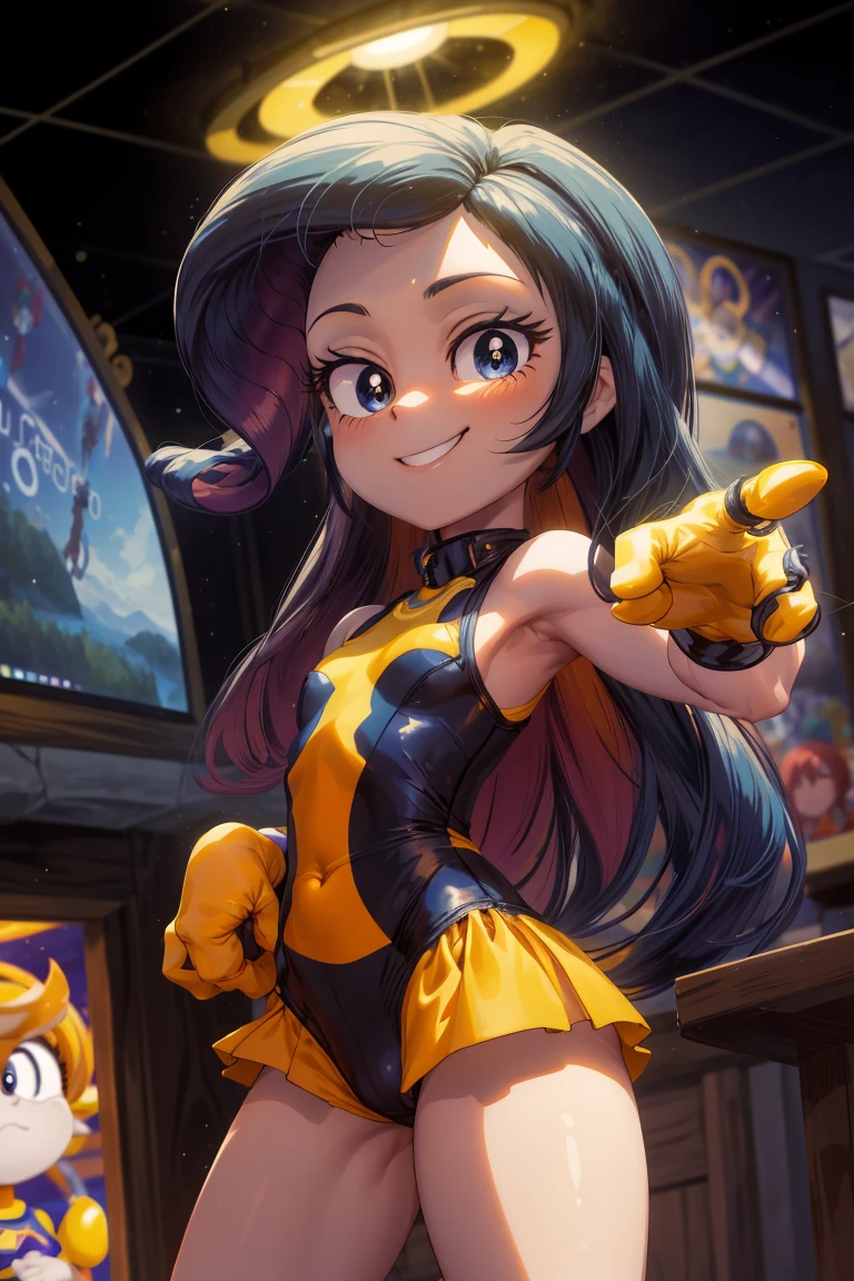 obra maestra,Mejor calidad,high resolution,1 chica,iris_Megamanx,pelo largo,By the chestnut,tiene,ojos verdes,guantes blancos,boina,Sonrisa,dynamic pose,Science fiction,