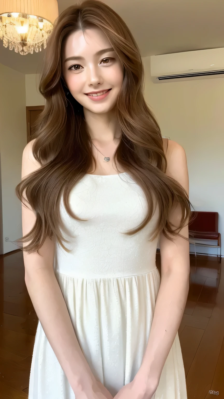 ((((masterpiece, highest quality, High resolution)))) ,(white clothes, thin material),, shine, (sunbeam, sunlight),bright smile、((brown hair)),Girl with a perfect figure,20 year old Japanese woman、wavy long hair、super thin face and eyes、inside the room