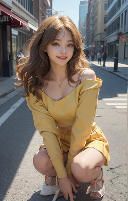 highest quality、masterpiece、ultra high resolution、Photoreal、RAW photo、1 girl、sexy look、shoulder hair、The lower half is curled and sauvage、cute smile like a model、frontage、Hair color is blonde、Tight mini skirt in yellow、Ordinary high heels、eyes are double、wear mascara、Cute pose like a model、cute face、Gorgeous like a model、ultimate beauty、cute smile、bright smile、Masseter muscle part、highest quality、Clothes suitable for winter、trendy down jacket、Downtown cityscape、sunny day、photo shoot、Sexy Zone is barely there、very cute、