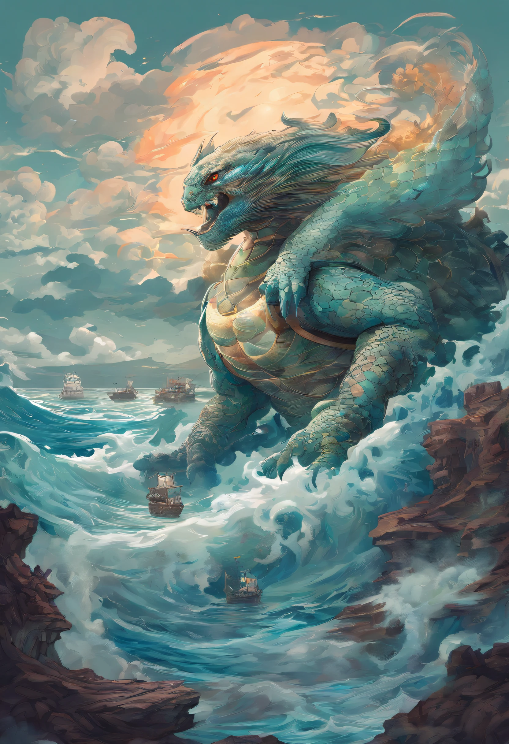 Chinese style，Chinese mythology，Xuanwu，faucet，Turtle body，heavy turtle shell，The snake&#39;s tail has grown out，has horns on its head，dongquan，ferocious，huge，The eyes glow blue light，Ocean，huge波浪，surrounded by clouds，The medium scene is，full body portrait， Highly detailed and hyper-realistic visuals，oc rendering， - AR 16:9 --q 2 --s 1000
