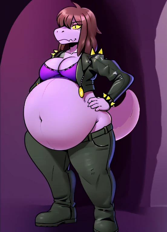 [susie], [Deltarune], [Uploaded to e621.net; (Pixelsketcher), (wamudraws), (woolrool)], ((masterpiece)), ((HD)), ((high quality)), ((solo portrait)), ((front view)), ((scalie; anthro)), ((detailed fur)), ((detailed shading)), ((beautiful render art)), ((intricate details)), {anthro dinosaur; (athletic figure), purple scales, (reptile snout), cute yellow eyes, (black pupils), (bags under eyes), (short eyelashes), (long massy brown hair), long lizard tail, (medium ), (gorgeous hips), (muscular legs), (angry), (frown)}, {(black leather jacket), (purple shirt), (cleavage), (baggy hot-pink pants), (black boots), (gold heart-shaped belt buckle), (spiky bracers)}, {(standing), (arms at side), (looking at viewer)}, [background; (dark-purple cave), (cavern), (ruins), (ambient lighting)], fat, overweight, massive belly, vore, huge belly