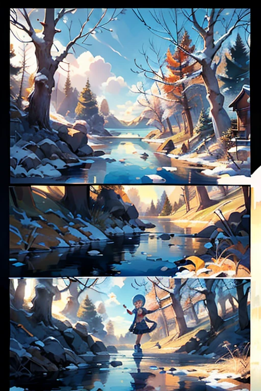 Wallace and Gromit ice skating on a frozen lake. trees, birds background, colorful bright day. Cinematic poster, colorful manga anime style