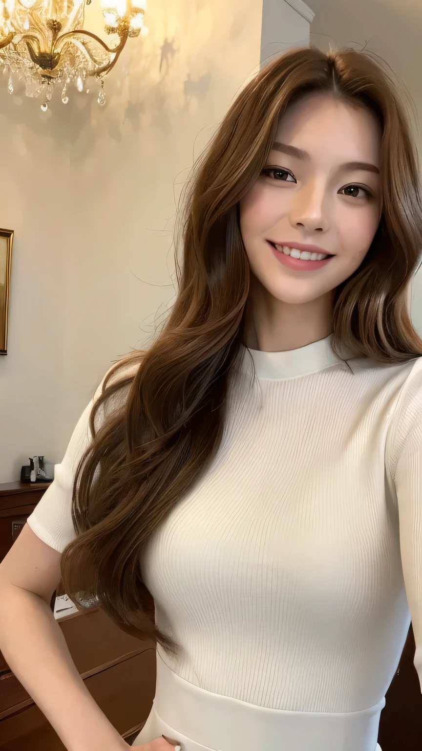 ((((masterpiece, highest quality, High resolution)))) ,(white clothes, thin material),, shine, (sunbeam, sunlight),bright smile、((brown hair)),Girl with a perfect figure,20 year old Japanese woman、wavy long hair、super thin face and eyes、inside the room