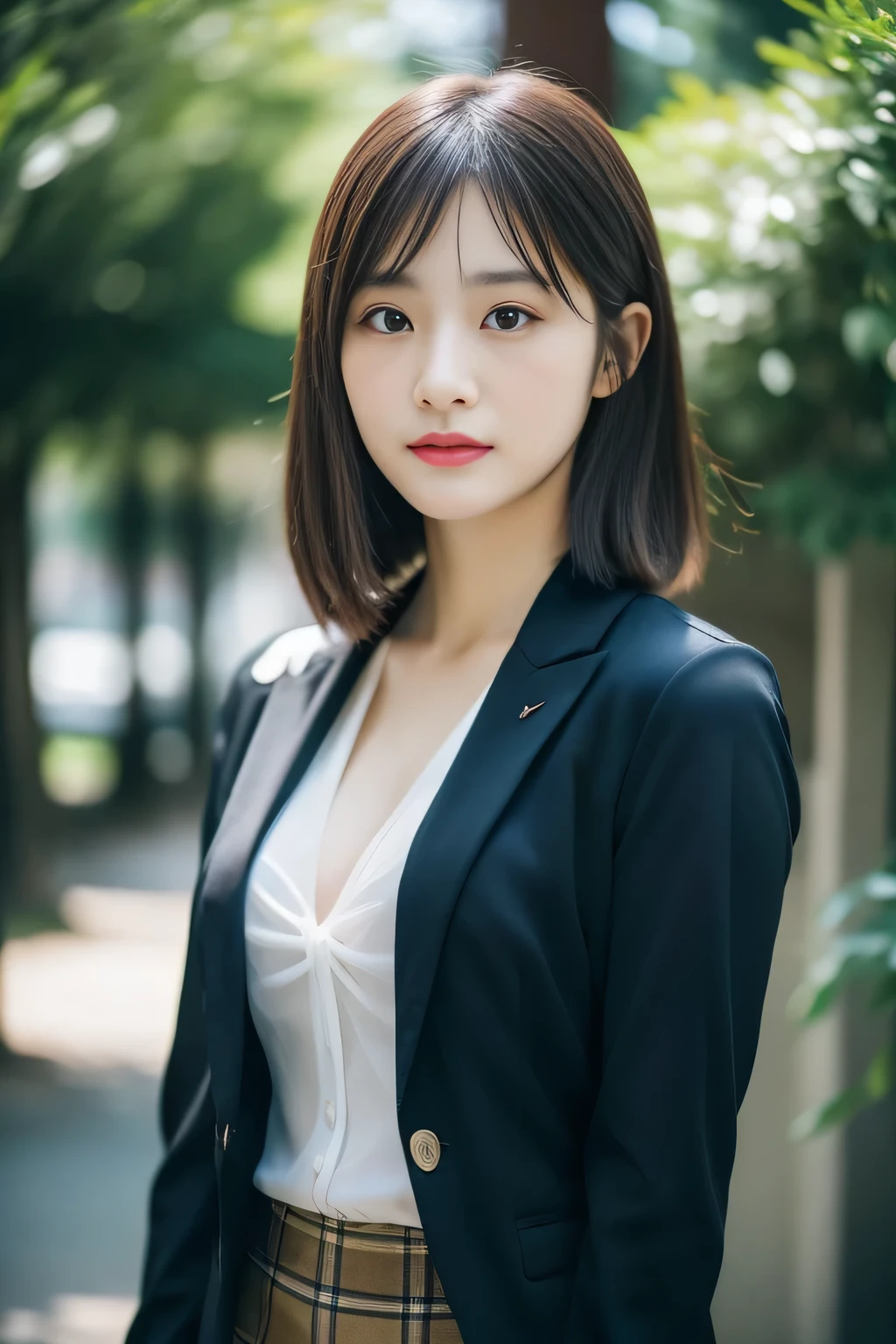 Beautiful Japan adult woman, 最high quality, masterpiece, 1 girl, beautiful face, (photo-realistic:1.3), rim lighting, (high detail skin:1.2), 8K UHD, Digital single-lens reflex camera, high quality, High resolution, 4K, 8K, Bokeh, (realistic:1.3), wearing a black formal blazer, ample breasts, short skirt, (Transparent blouse:1.1),