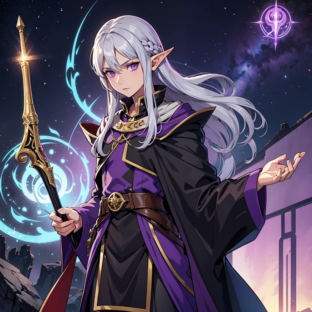 tall, high elf, purple eyes, 1male, wizard clothes, silver hair, extremely detailed, black and  red tome
