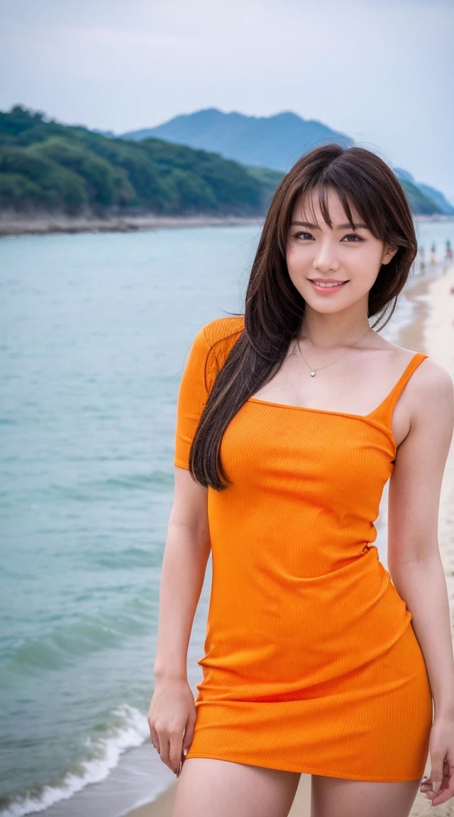 detailed, reasonable design, clear lines,best quality, muste piece,Bright and dark light,Canon Photo Crystal Clear ,（realistically:1.2）, (orange miniskirt casual dress)、Are standing、Take a full body photo,A sloppy smile、Glamour body type、semi-long hair、on the beach