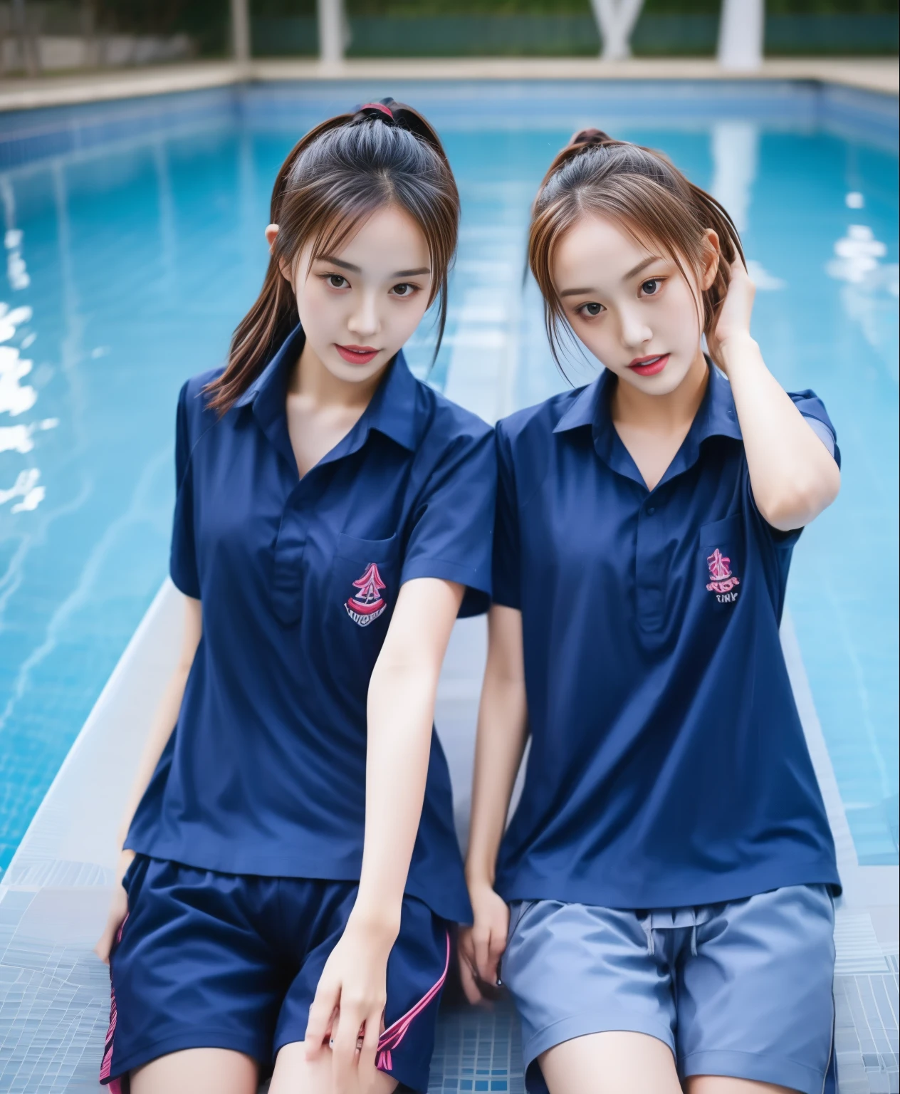 2 girls in the swimming pool, Navy blue short-sleeved shirt,Navy Long Trackpant,Sweatpants, Sweatpantsขายาว,25 year old girl, lesbian, sexy, exercise clothes, wet body