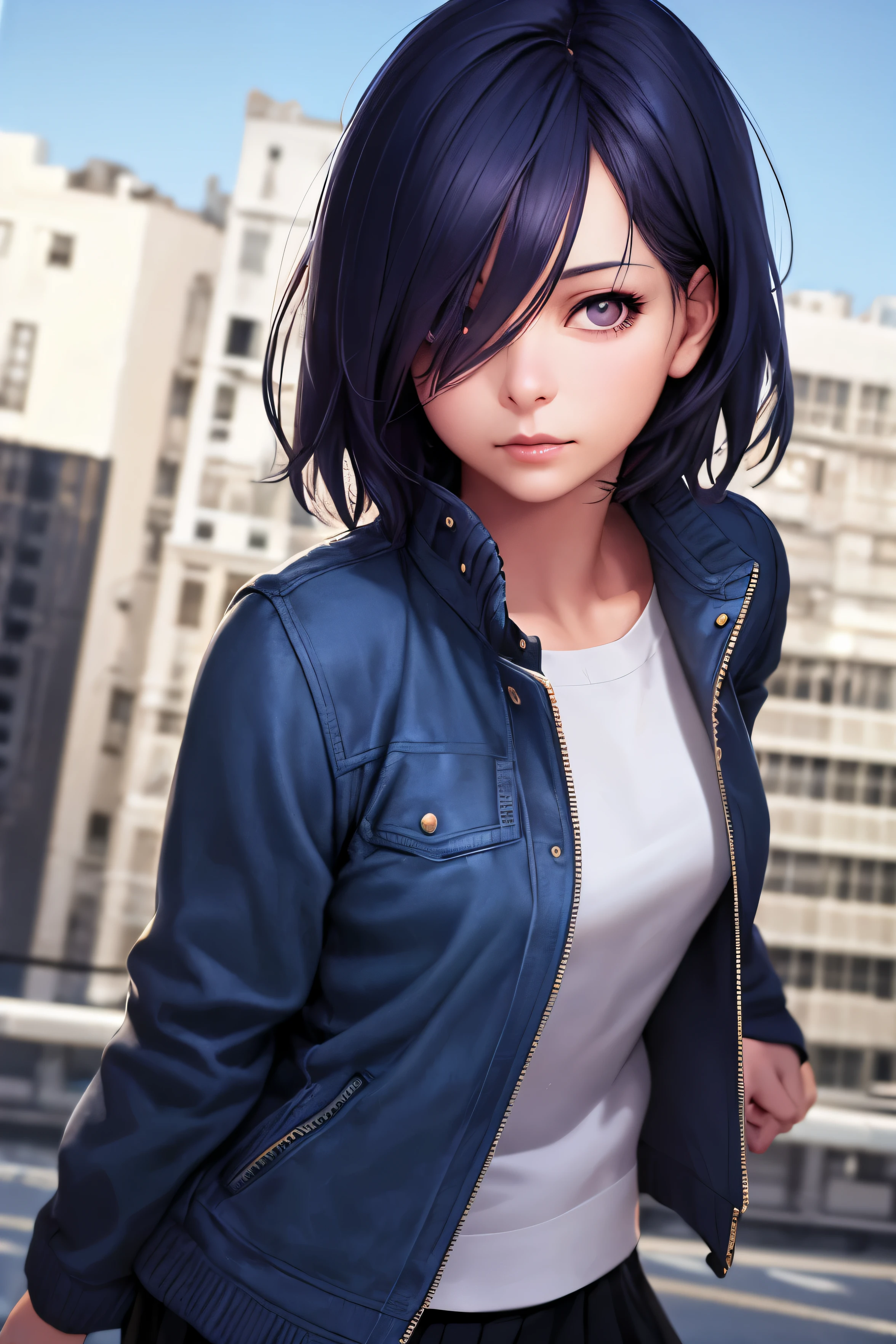 1girl, ((best quality)), ((masterpiece)), ((realistic)), (detailed), (perfect face), (one eyes gone with long bangs), (Touka Kirishima), navy purple hair, beautiful face, purple eyes, blue jaket, black mini skirt, badass poses, dynamic angle, building background, portrait