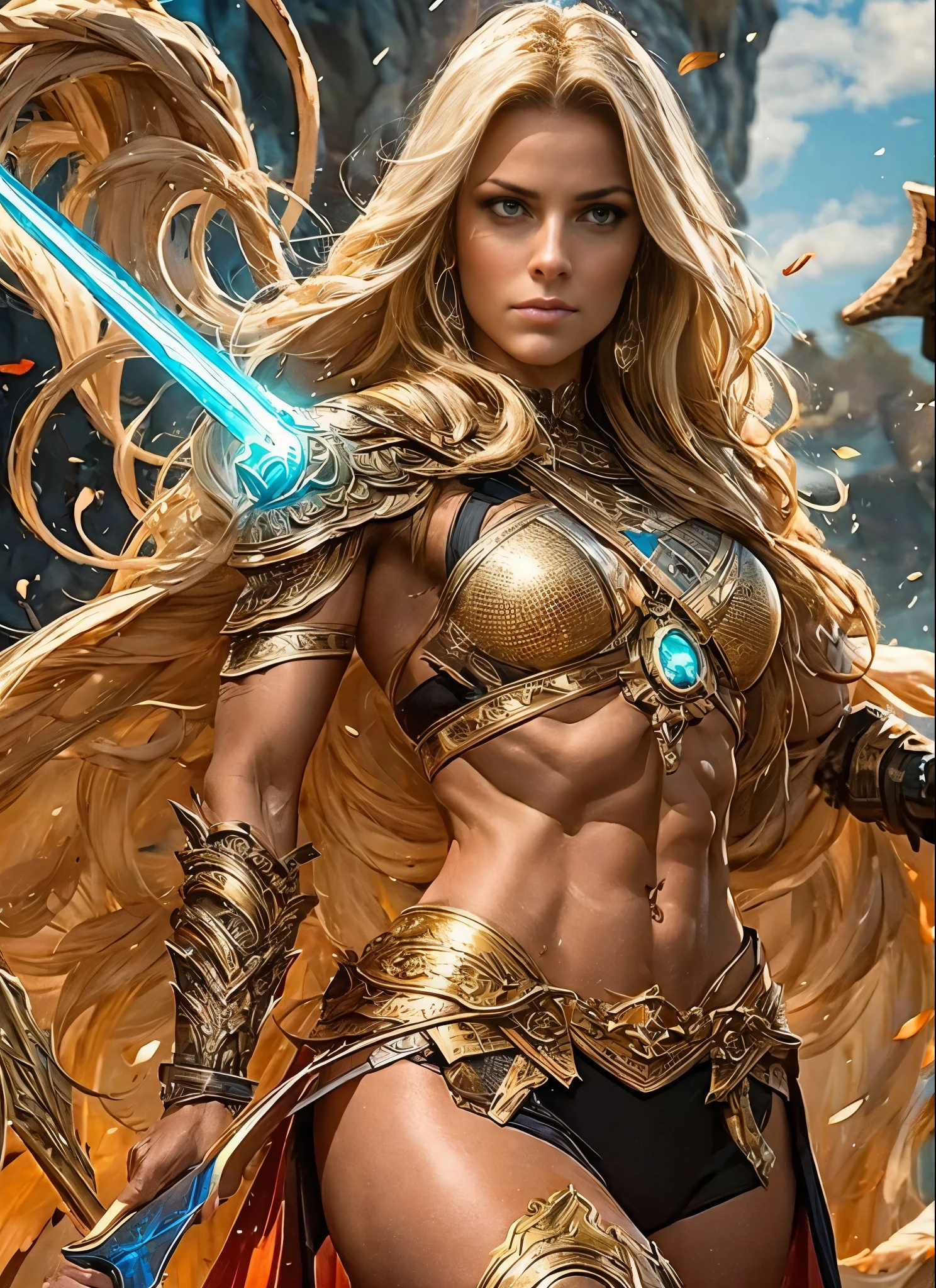 Asgard，Valkyrie，mulher musculosa, Senhora Cavaleiro，Anatomia correta，epic fantasy digital art，obra-prima，8k，high definition resolution，desenho detalhado，Qulidade Superior，, Epic composition, músculous body