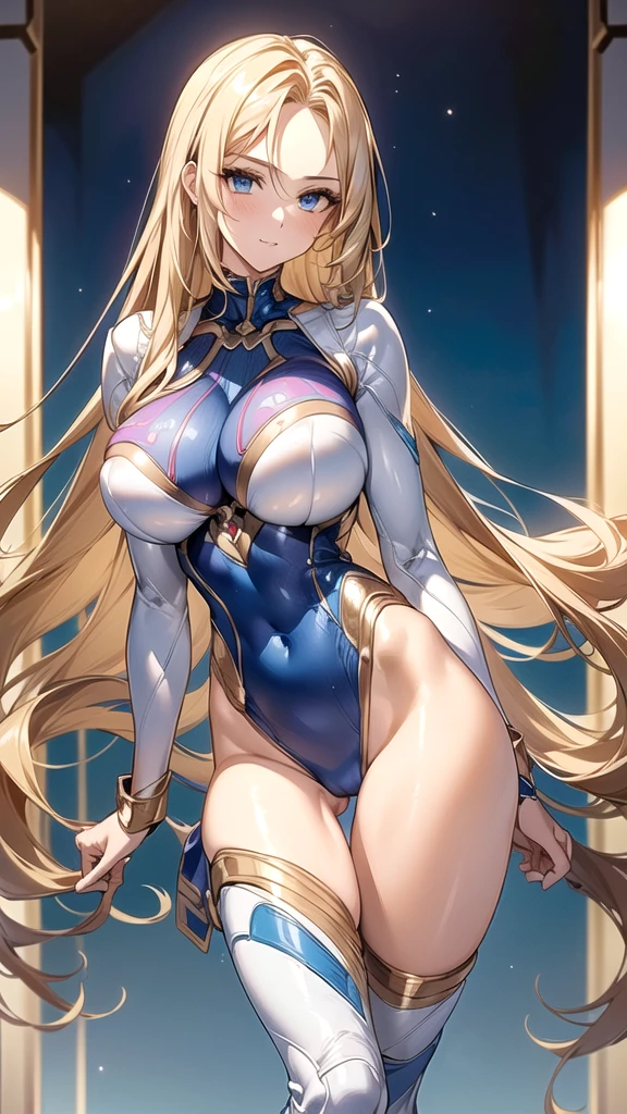 ((masterpiece)), ((high quality)), ((super detailed)), ((high resolution)), ((8k)), a beautiful woman, ((She is one of the most famous actress in Japan.)), unparalleled beauty, ((large breast:1.6)), ((large ass)), ((deep cleavage:1.2)), slim waist, chest out, ultra detailed face, perfect skin, (((waist length hair, ((long straight golden hair)), crossed bangs))), blue eyes, detailed eyes, whole body image, sexy, an inviting smile, sensual, (((anime))), ((glamorous)), sexual attraction ,23 years old, ((incredibly beautiful woman)), ((The H cup bust)), ((neat and clean.)) , (((Power Ranger))), heroine, (((high leg leotard power suit, white line on blue colored power suit:1.4, Reinforced power suit:1.4))), ((beautiful breasts)), beautiful legs, 8 life size, anime:1.4, wet, the most beautiful and strongest, ((charm)), ((british beauty)),