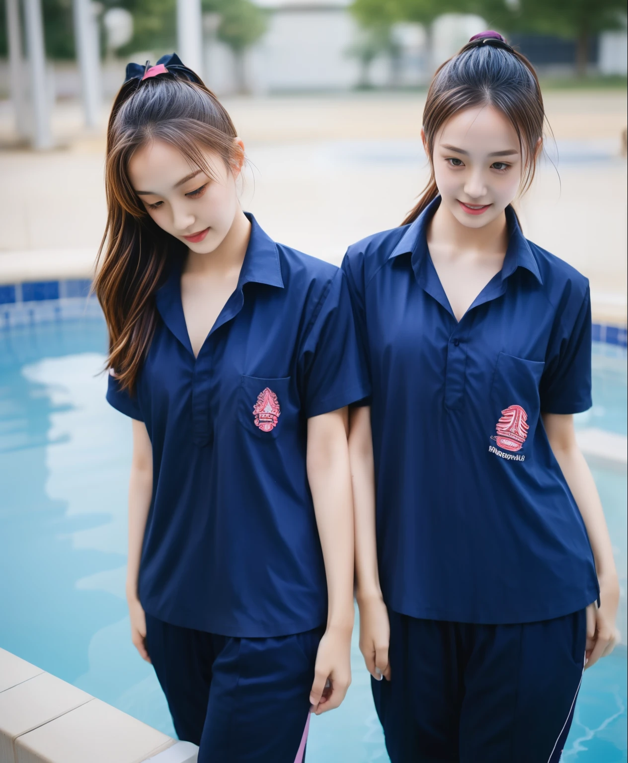 2 girls in the swimming pool, Navy blue short-sleeved shirt,Navy Long Trackpant,Sweatpants, Sweatpantsขายาว,25 year old girl, lesbian, sexy, exercise clothes, wet body