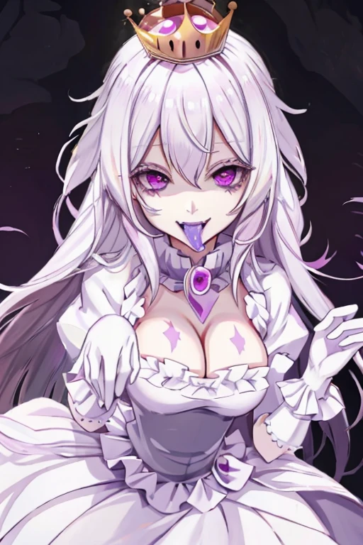 Boosette, white hair, beautiful, nice, purple eyes, super crown, medium breasts, anime, ghost girl, purple tongue, sticking out tongue, long tongue, mischievous smile, malicious smile, depraved smile
