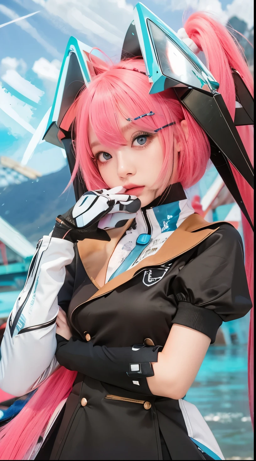 Girl with pink hair, Perfect anatomy, realistic hair, two pony tails hair, Japanese eyes, light blue pupil Suit, sweet lips, ultra high res.photorealistic:1.4, UHD