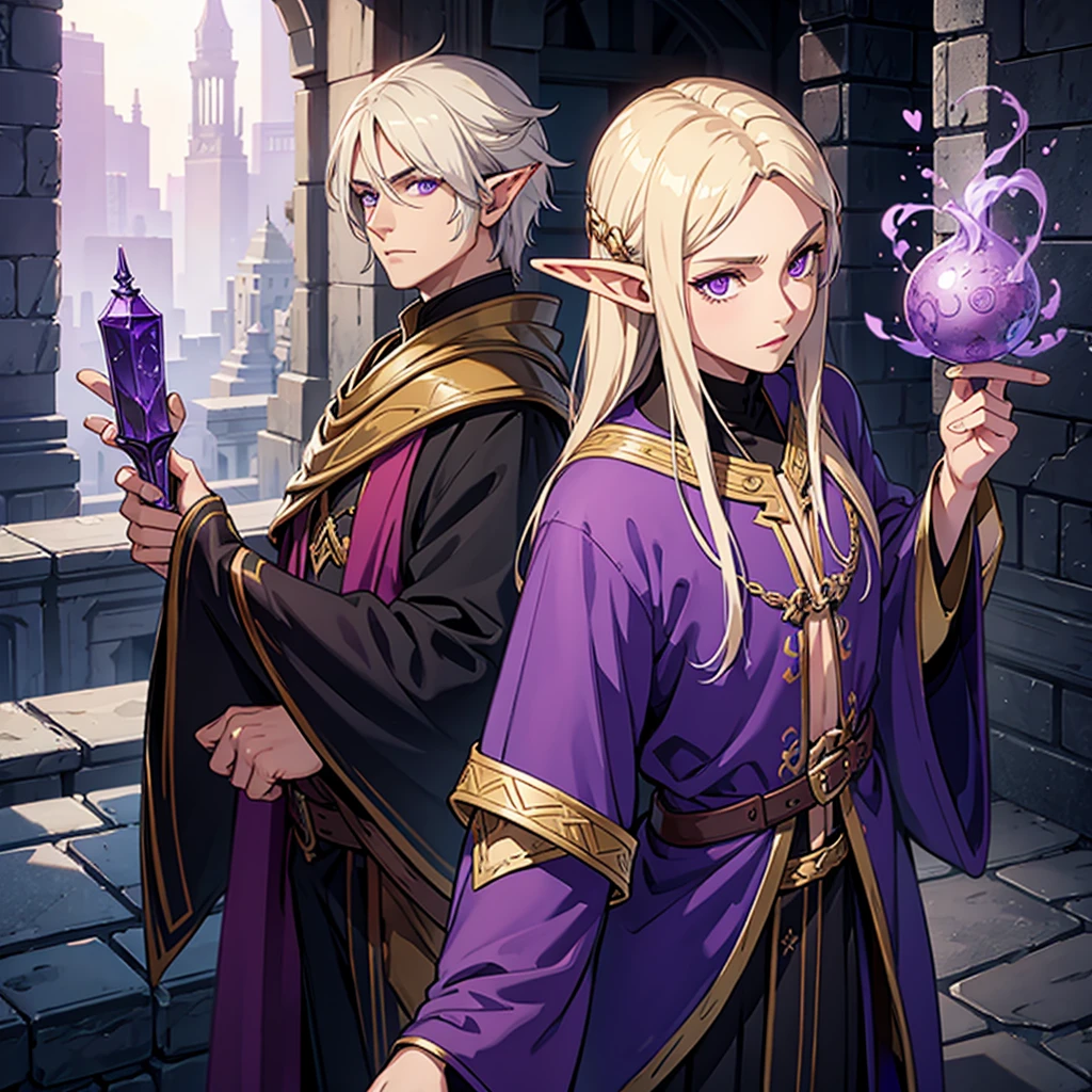 tall, high elf, purple eyes, 1male, wizard clothes,