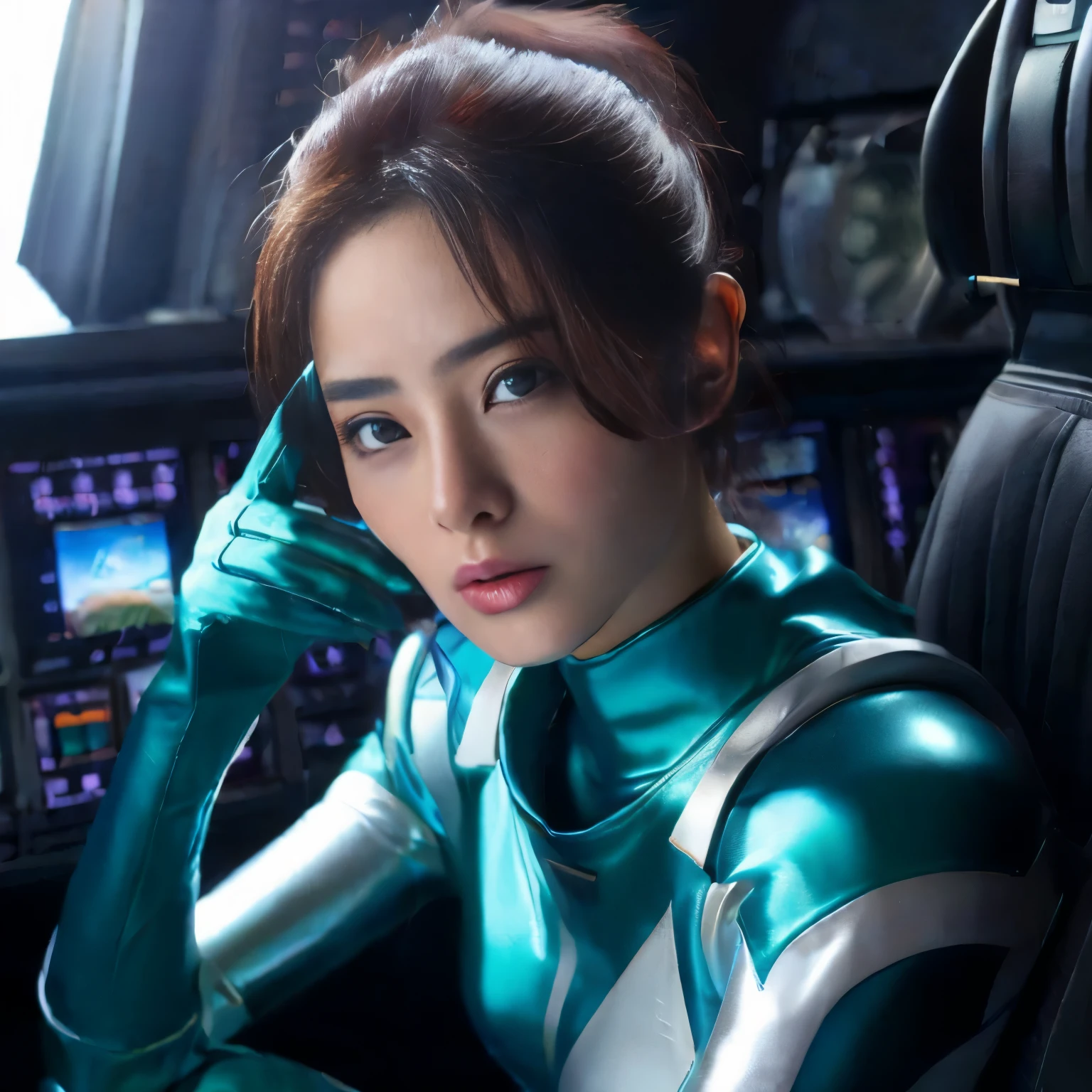 best image quality、Super high resolution、(realism:1.4)、Korean beauty star、The most beautiful KPOP star、face、Horny Korean makeup、erotic expression、A body that makes you want to touch it、Erotic photos、Super-class battle leather cloak with a smooth texture、Super Sentai Women's Heroine Suit、Super-class battleship shiny costumes、Texture of costumes that satin fetishists respond to、Thin, glossy stretch satin fabric、Realistic satin fabric texture、Costume made of stretch satin fabric that is smooth to the touch、The drape of the curved part of the satin fabric、Strong luster of costume、costume quality、8K photo quality、Costume made of high-quality satin fabric with high density、