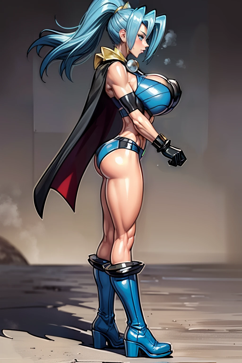 (Side view:1.5), Generate an illustration of a mature Clair, gym leader of pokemon,  ponytail, holding a poke all,  de terno preto, long hair, hair flows straight down, darkblue hair, (gigantic breasts:1.4), blue outfit in anime format with a serious style, (black cape), blue tights, blue boots, gothic make up, masterpiece, ((dark lighting)), black background, puffy lips,slendered abs, beautiful face,