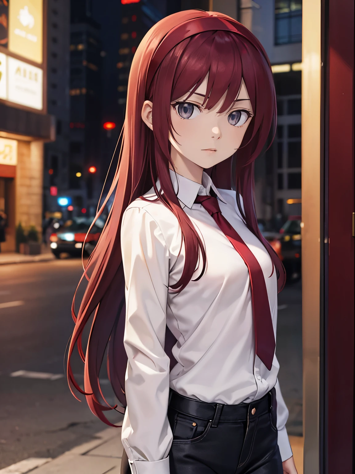 Burgundy hair, long hair, medium chest, black shirt skull shirt, black jeans, light gray eyes, sharp eyes, bangs, red hairband, city, untucked shirt, biridere, straight face, large chest, sharp irises