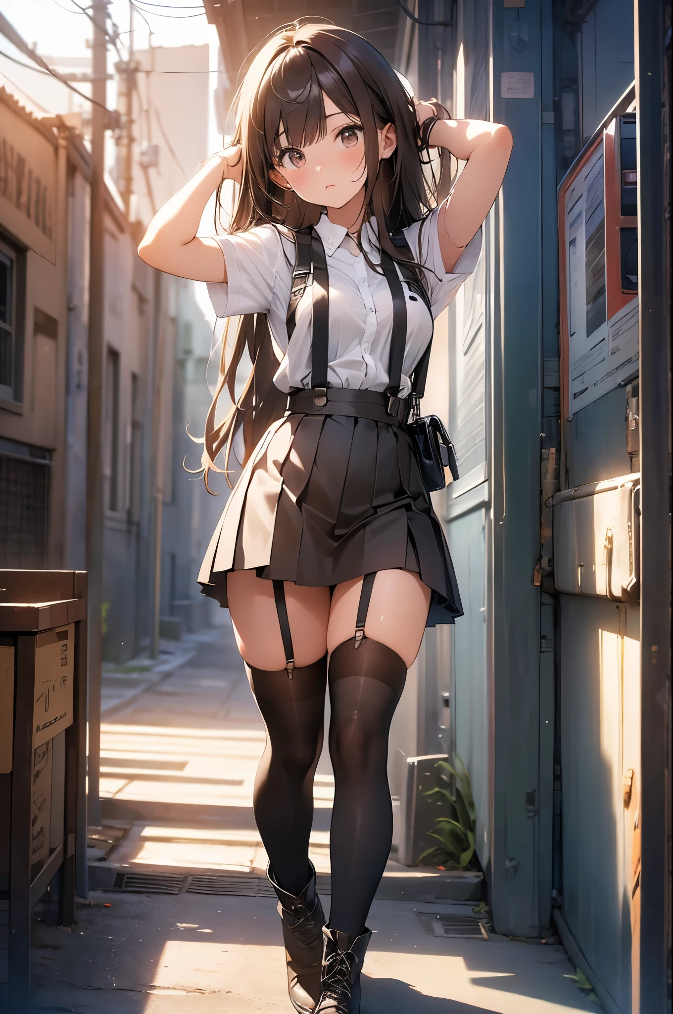 brown hair、looking at the viewer　　suspenders　　　Bulging big breasts　　 　 　　　　Black miniskirt　garter belt　knee high socks　　　　　　Gaze　　　small face　bangs 　　　　　Beauty　　hands up　　 　Gaze 　black boots 　provocation　　armpit sweat　one person 　　put your hands behind your back　cutter shirt　　Panty shot