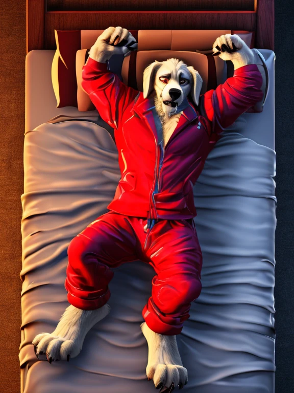 Barefoot Jason Clawson, is lying on a bed with his arms and legs spread, wearing red pajamas, handcuffed to the bed by his wrists and ankles, detailed nice big dog feet paws with claws, in a trance, a expression of weak resistance to hypnosis on his face, drooling, high resolution, anatomically correct, 3d