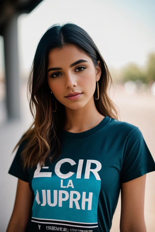 Gere uma imagem realista de uma jovem exploradora digital chamada Aurora Santos. Ela tem 25 anos, tem olhos castanhos expressivos e cabelos pretos com brilho natural. Its appearance is vibrant and authentic, reflecting a mix of curiosity and elegance. Vista-se com estilo Equilibrando conforto e moda, she is walking in a park