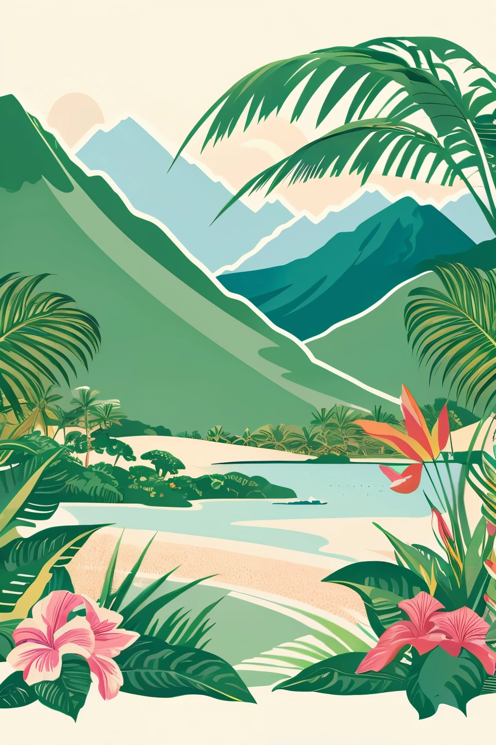 Hawaiian landscape, illustration, with many tropical flowers arround, outline only 