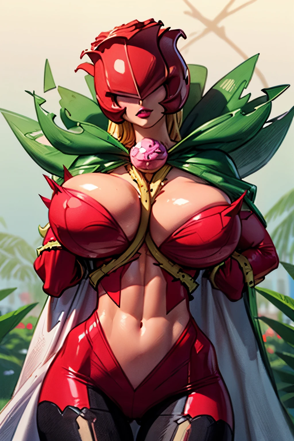 (Masterpiece:1.3), (dark lighting:1.2), ANIME_rosemon_yugiho_ownwaifu, digimon \(creature\), breasts, long hair, ((gigantic breasts:1.5)), lipstick, navel, breasts pressed together, makeup, covered eyes, red pants, monster girl, helmet, plant girl, colored skin, thighhighs, cleavage, petals, elbow gloves, (((slendered abs:1.6))), ((navel cutout)), red flower, red gloves, bodysuit, mask, thorns, cape, gloves, vines, rose, flower, plant, 1girl, solo, facing viewer, looking at viewer, upper body, smile