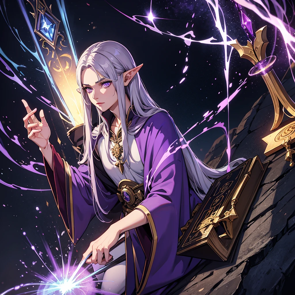 tall, high elf, purple eyes, 1male, wizard clothes, solo, artificer
