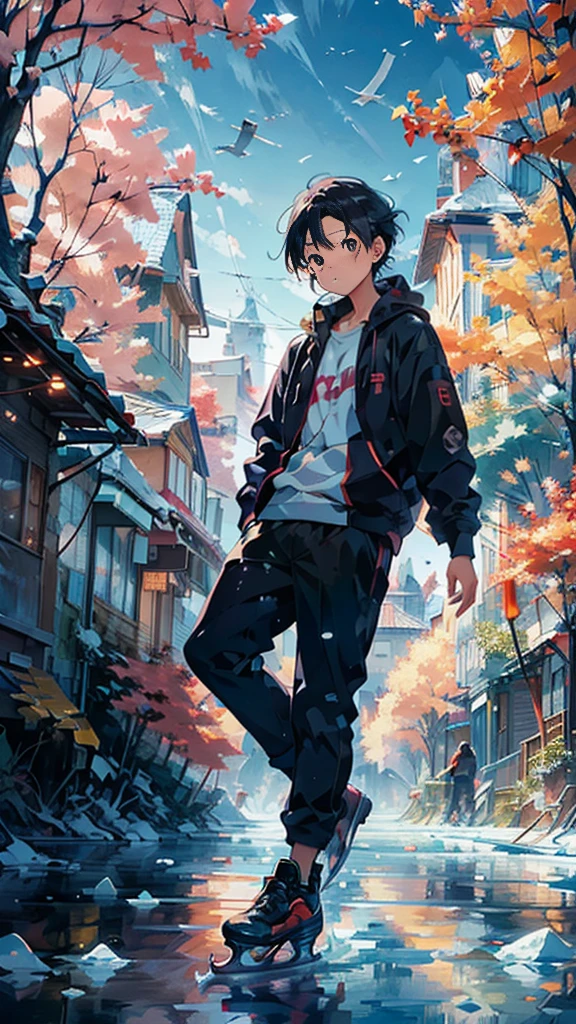 1man 1dog ice skating on a frozen lake. trees, flying birds background, colorful bright day. Cinematic poster, colorful manga anime style