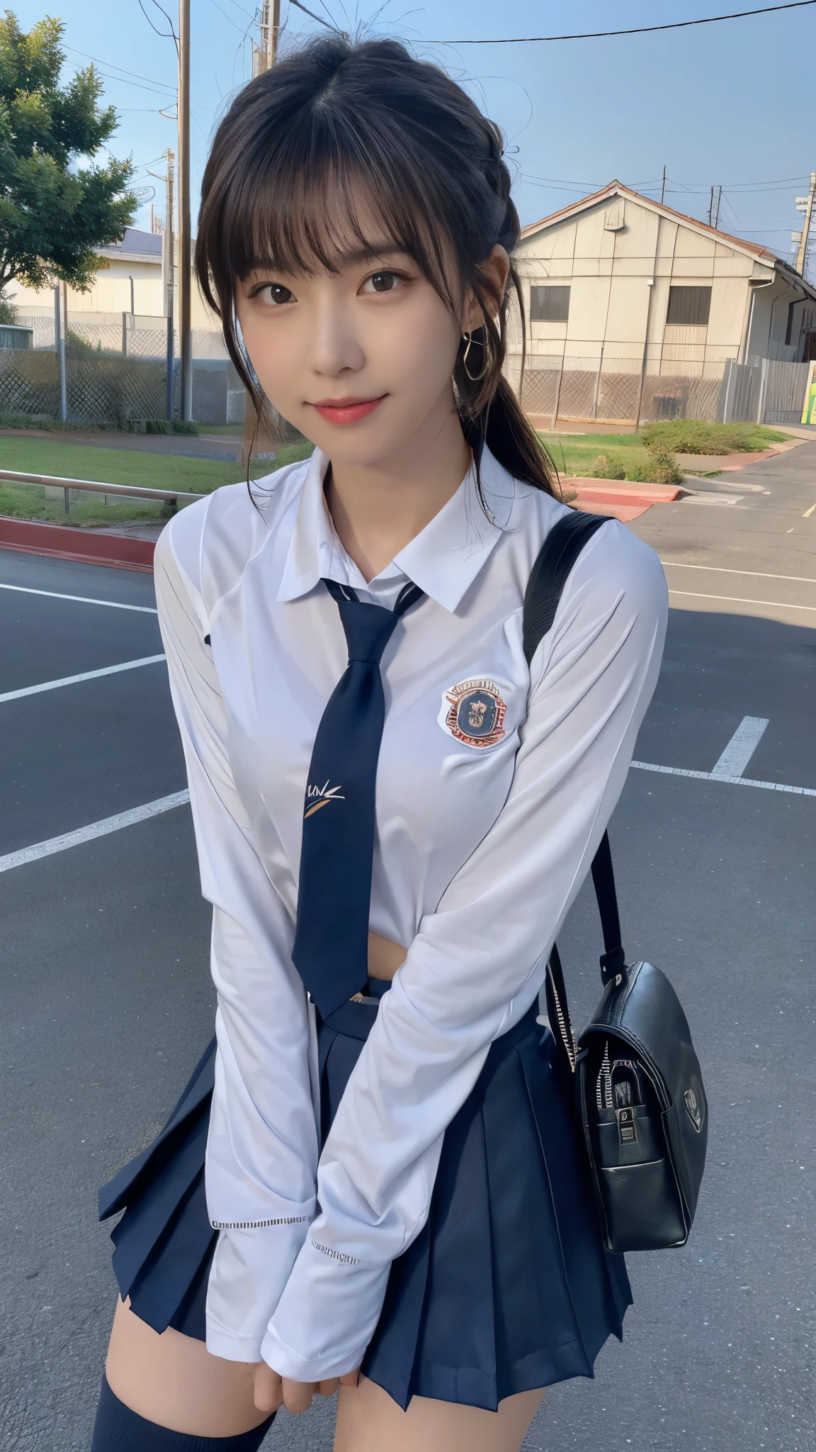 mix 4, (16k, RAW photo, best image quality, masterpiece: 1.45), (realistic, Photoreal: 1.37), one girl, cute, cityscape,, professional lighting, photon mapping, school classroom, Physically based rendering, dark brown hair,ponytail hairstyle, Beautiful well-groomed eyes、((double eyelid))、super cute girl, (((、blazer、Long-sleeved shirts worn by Japanese high school girls、ribbon tie、Navy blue super super mini skirt,、dark blue socks、black loafers))), highest quality photos, High resolution, 1080P, (clean face), (Detailed facial description), (Detailed explanation of hands), (masterpiece), (Detailed CG)、extreme light and shadow、messy hair、master work、Rich details、(detailed facial features)、(highest quality photos)、(Masseter muscle part)、(fine eyes)、look in front of you、thin clavicle、((slender and large))、(((Japanese high school girls wear long-sleeved shirts)))、((neat idol))、((school gate、schoolyard、School building in the background))、(Take photos from random viewpoints)、(((anyway that's cute)))、earrings、big smile、Draw the whole body from the knees、Don't draw thin lines、(((Sports bags used by Japan schoolgirls)))、(small breasts:1.2)、small buttocks with tension、Two arms and two legs、(((from the front:0.7)))、bare hands、(((symmetrical eyes)))、standing pose、put one's hand on the desk、Do not remove the tie from the jacket、Skirt length is quite short,