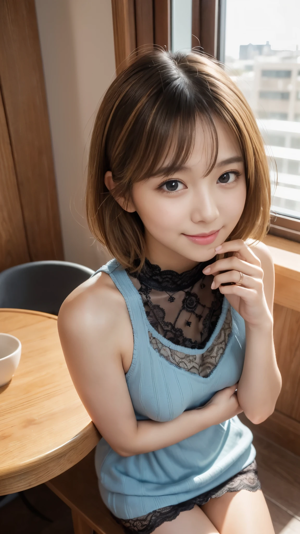 (A very cute 20 year old young woman from Japan), ((delicate hair between brown and blonde)), ((messy side wave short hair)),medium bust size、small breasts、 (((Clean hands))),(curly hair),(((very kind smile))), (((she wears black lace panties))),(((Wearing a super short light blue knit dress))),(((I'm wearing a light blue knit dress。))) ((top quality, 16K, table top: 1.3)), light shines on your face, highly detailed face, highly detailed lips, fine eyes, city street,angle from below:1.5,Holding nothing in the hands、