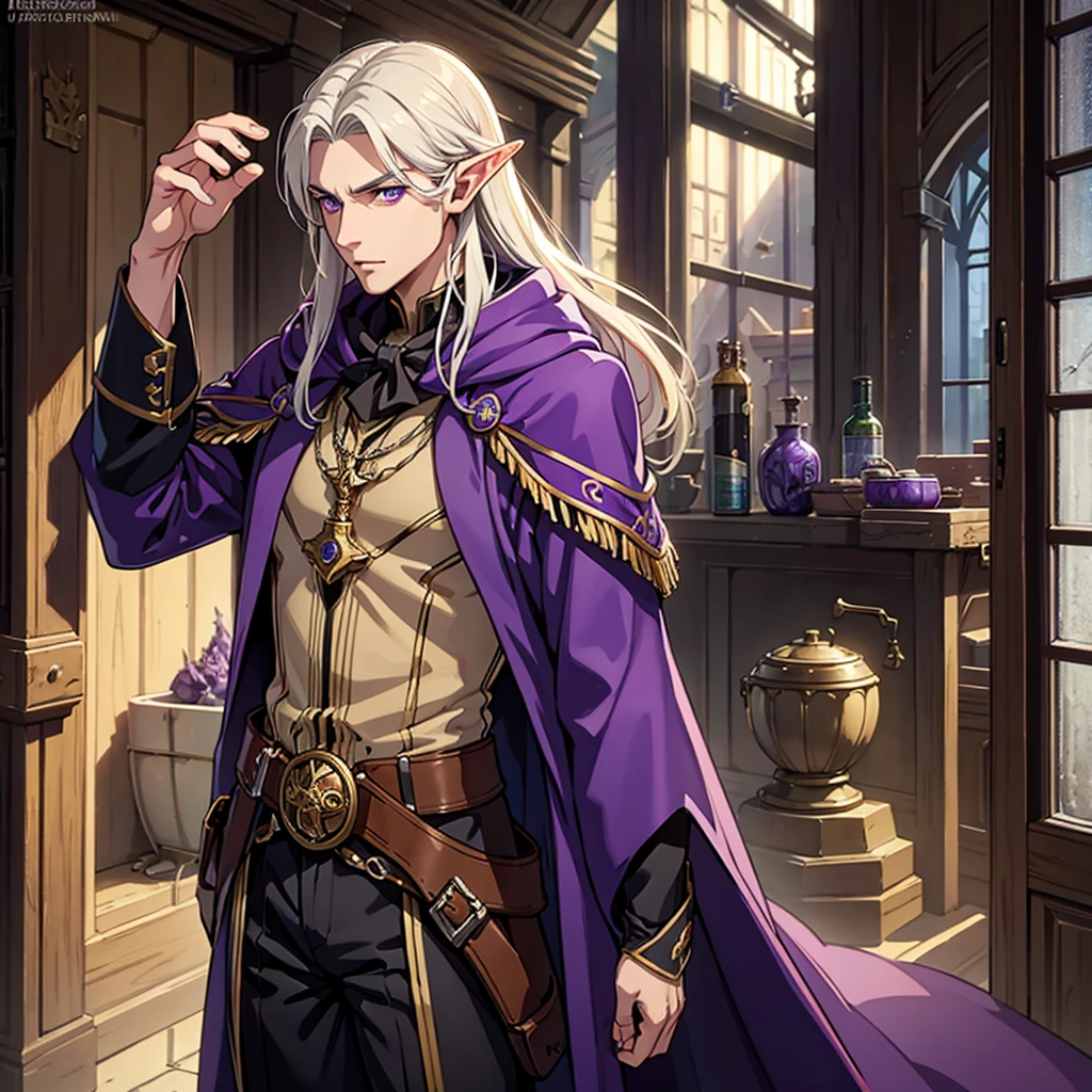 tall, high elf, purple eyes, 1male, wizard clothes, solo, artificer, steampunk,