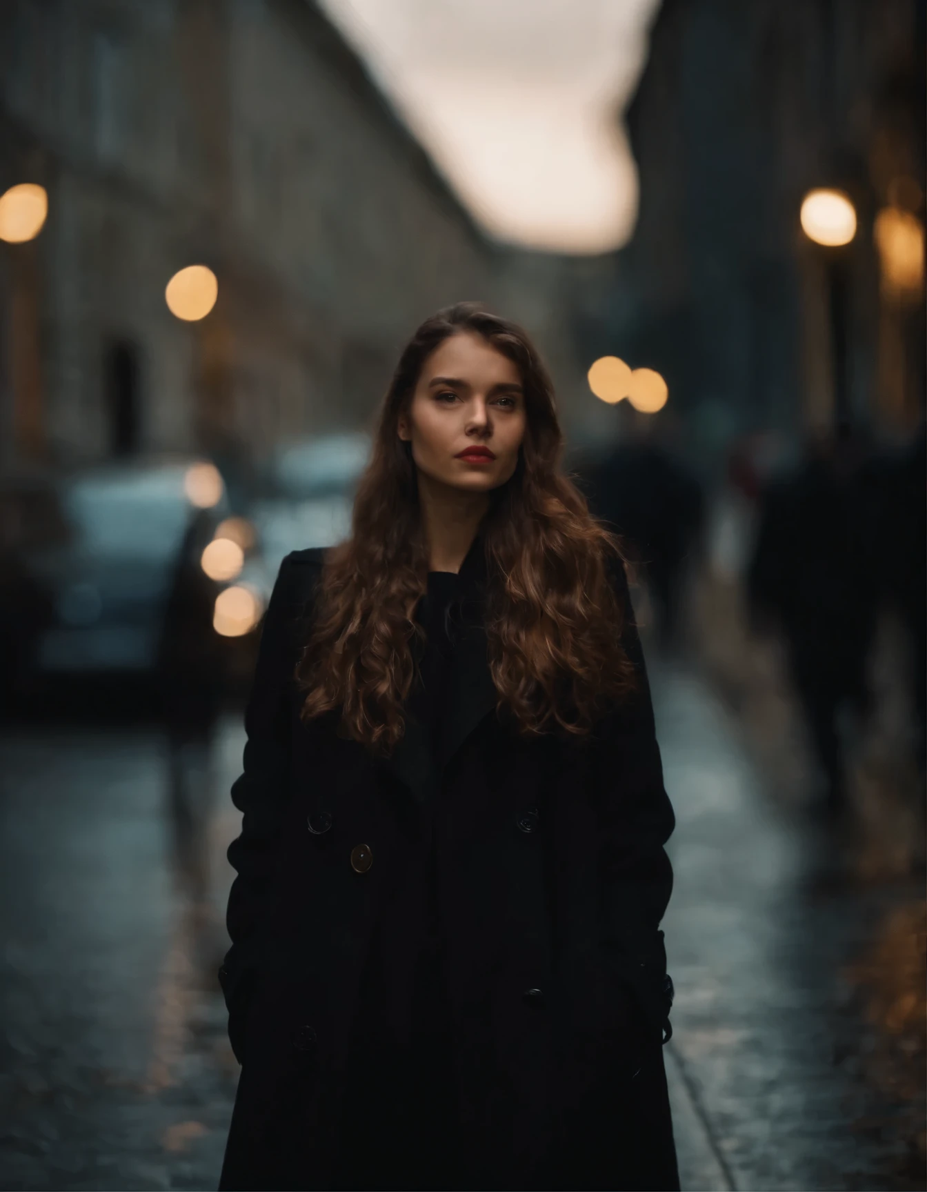 Closeup portrait, (best quality,4k,highres,ultra-detailed,realistic), street photography, girl under the street light, night view, classical pose, black long coat