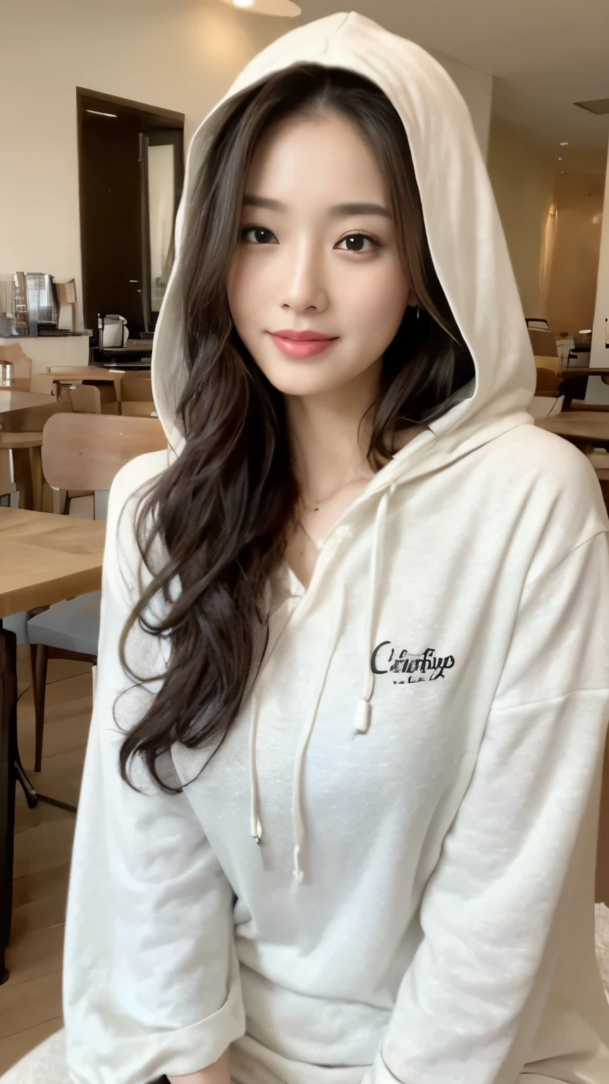 ((top-quality、8k、masterpiece:1.3))、Beautiful woman with perfect body:1.4、slim abdomen:1.2、Longhair, normal breast, Highly detailed facial and skin texture, A detailed eye, (smile), (full body shot), ((cafe)), (sitting on the chair), (((wearing white hooded)), looking in front