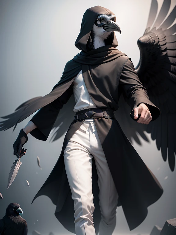"Serious and simple male Dr. Kenku，not human，thin figure，crow head and limbs，Has smooth black feathers，black eyes，Wearing a black tunic，With bold white lining，Wearing white leggings pants，Wearing black-rimmed glasses. whole body，Epic D&3D ambience meets stunning 4k resolution in stunning backgrounds."