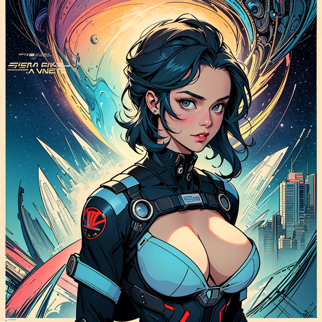 (((highest quality))),masterpiece,1 woman,((the perfect person)),((Super beautiful woman)),detailed perfect face,retro,vintage,classic,60's,70's,80's,old movie posters,abstract,((スペーススリラーmovie poster)),(Futuristic),Geometric pattern,very delicate,movie poster_white frame,universe,Milky Way,planet,,propaganda,universe飛行士,?????? enhancement,simple,(???????????),(cleavage),cyber punk,massive stream of light,overlay,SF,A scene from a science fiction movie,universeステーション,tattoo,