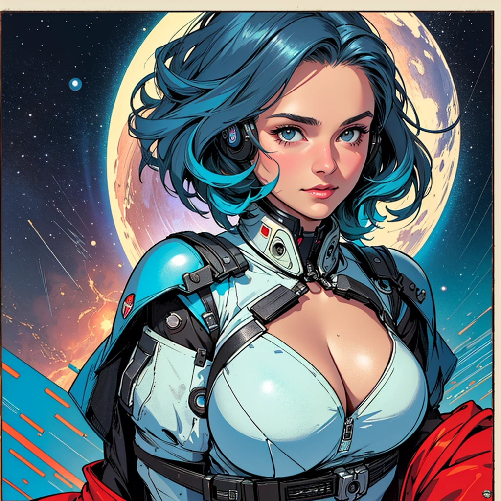 (((highest quality))),masterpiece,1 woman,((the perfect person)),((Super beautiful woman)),detailed perfect face,retro,vintage,classic,60's,70's,80's,old movie posters,abstract,((スペーススリラーmovie poster)),(Futuristic),Geometric pattern,very delicate,movie poster_white frame,universe,Milky Way,planet,,propaganda,universe飛行士,breast enhancement,simple,(big breasts),(cleavage),cyber punk,massive stream of light,overlay,SF,A scene from a science fiction movie,universeステーション,tattoo,