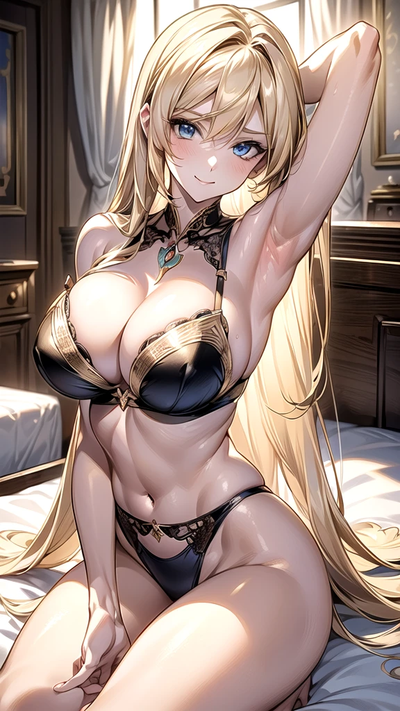 ((masterpiece)), ((high quality)), ((super detailed)), ((high resolution)), ((8k)), a beautiful woman, ((She is one of the most famous actress in Japan.)), unparalleled beauty, ((large breast:1.6)), ((large ass)), ((deep cleavage:1.2)), slim waist, chest out, ultra detailed face, perfect skin, (((waist length hair, ((long straight golden hair)), crossed bangs))), blue eyes, detailed eyes, whole body image, sexy, an inviting smile, sensual, (((anime))), ((glamorous)), sexual attraction ,23 years old, ((incredibly beautiful woman)), ((The H cup bust)), ((neat and clean.)) , (((Power Ranger))), heroine, (((black color noble lingerie :1.4, bed room))), ((beautiful breasts)), beautiful legs, 8 life size, anime:1.4, wet, the most beautiful and strongest, ((charm)), ((british beauty)), ((sexy pose))