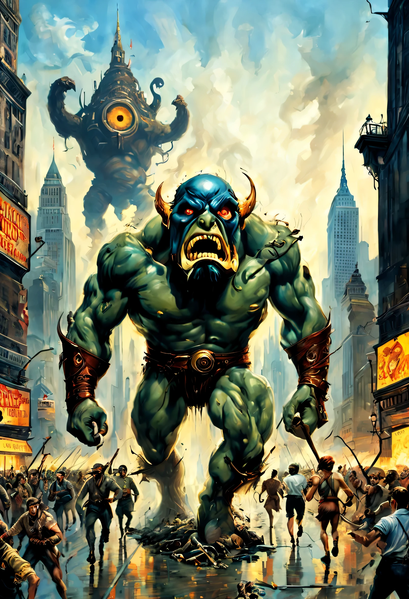 a A giant cyclops, with a club, entering New York City, people running scared, cinematic, incredibly detailed, in the style of Boris Vallejo.