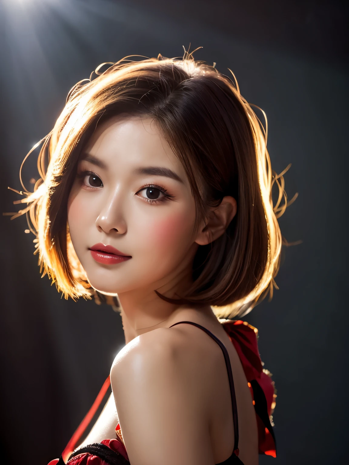 half korean, half german, heart shape face, shoulder length hair, portrait, realistic photograph, ring lighting, 1 girl, beautiful and alluring, 8k, UHD