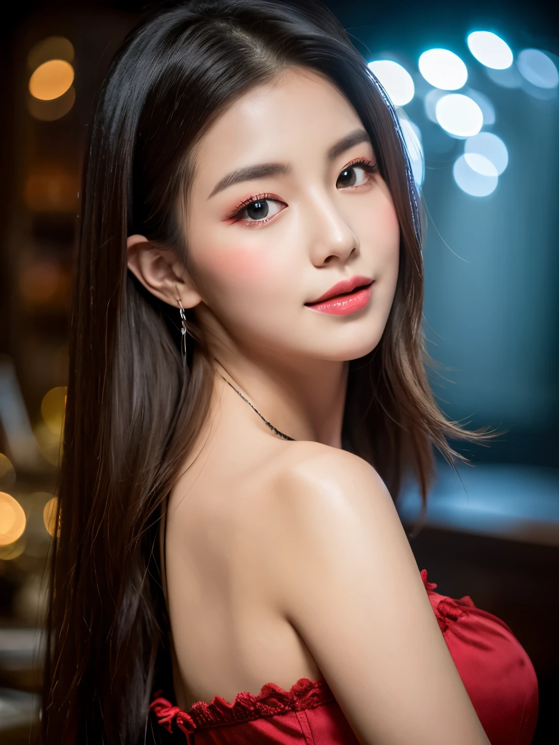 half korean, half german, heart shape face, shoulder length hair, portrait, realistic photograph, ring lighting, 1 girl, beautiful and alluring, 8k, UHD