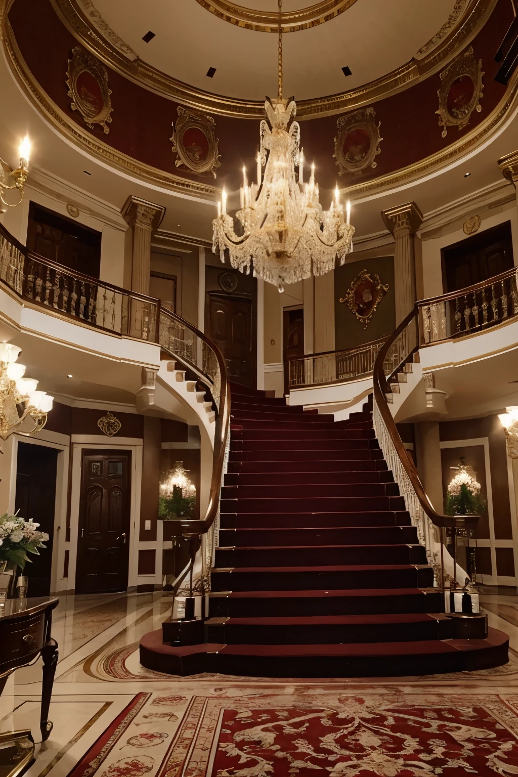 Rich lifestyle in a mansion: Illustrates a luxurious mansion from the mid-20th century., con una gran escalera, chandeliers, y muebles opulentos. Alfombra roja en medio, candelabros ,
