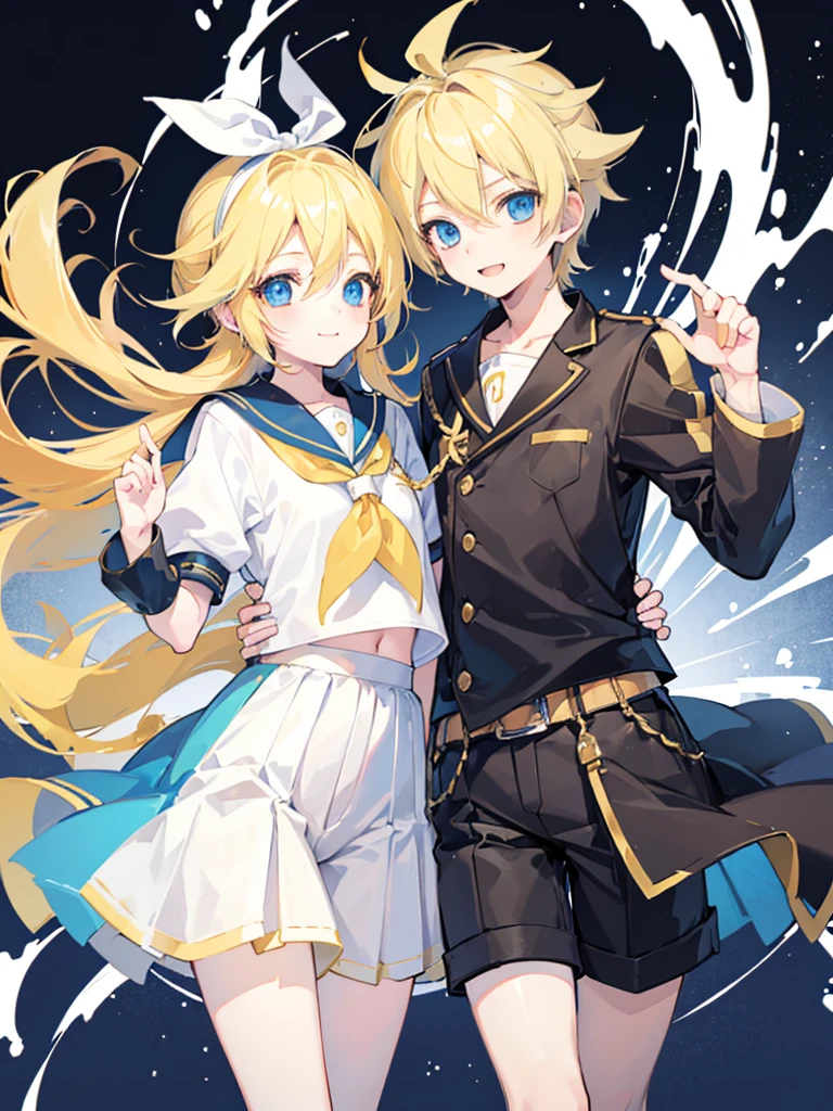 one boy and one girl, (a boy is Kagamine_Len), (a girl is Kagamine_Rin), blue eyes, blond hair, sailor uniform, black short pants, cowboy shot, gently smile, (childish), couple