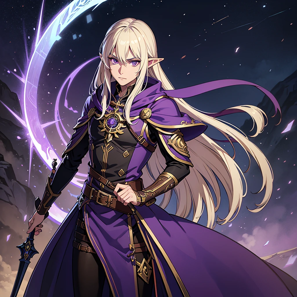 tall, high elf, purple eyes, 1male, wizard clothes, solo, artificer, steampunk, battle scythe