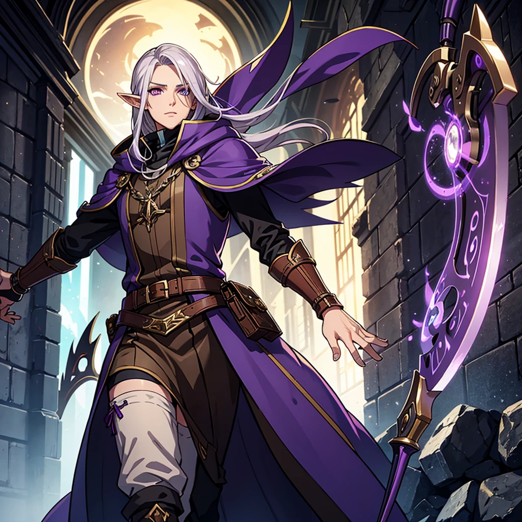 tall, high elf, purple eyes, 1male, wizard clothes, solo, artificer, steampunk, battle scythe